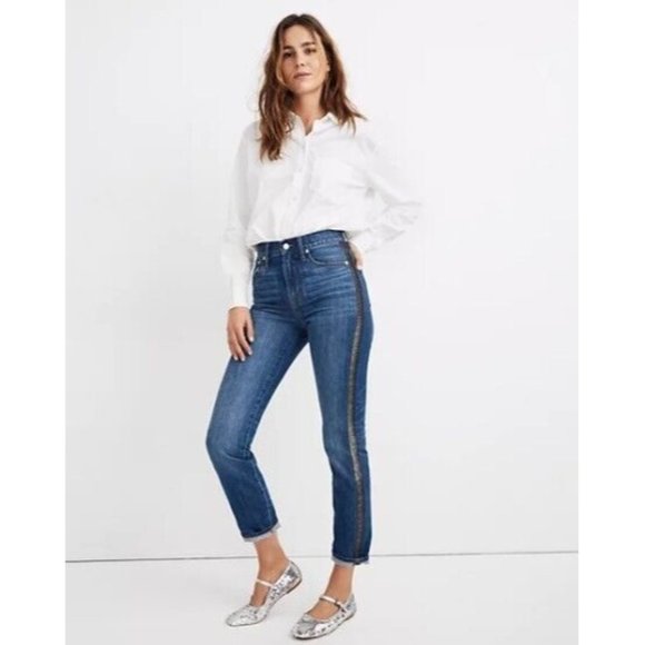 Madewell Jeans Blue Perfect Vintage Metallic Tuxedo Stripe Edition Denim Size 27 - Picture 1 of 8
